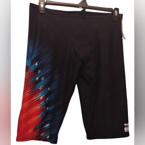 XL (38)TYR Men’s Black Swim Trunks with Red & Blue Feathered Accent